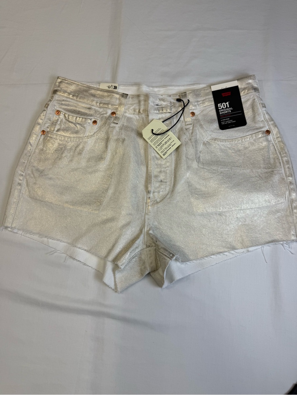 Levis 501 Premium Shorts Womens Sz 30 White Gold Metallic High Rise Cutoff